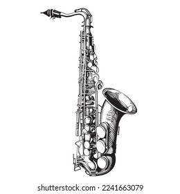 Alte Retro Saxophon Musikinstrumentenskizze handgezeichnet Gravur Stil Vektorgrafik.