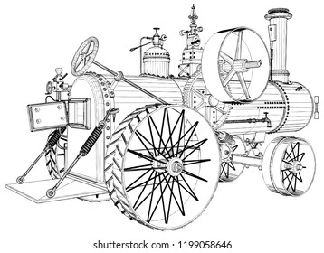 Old Retro Steam Tractor Engine Isolated Illustration On White Background Vector 01