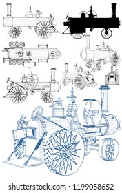Old Retro Steam Tractor Engine Isolated Illustration On White Background Vector 03