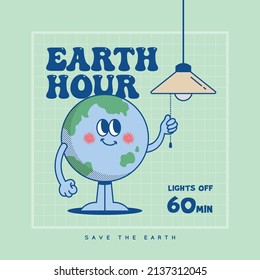 Old retro style cartoon earth globe turning off the lights. Eco energy saving concept vector illustration. Simple vintage cartoon character for poster, web, cover, banner.