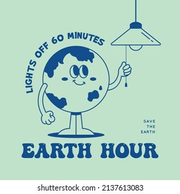 Old Retro Style Cartoon Earth Globe Turning Off The Lights. Eco Energy Saving Concept Vector Illustration. Simple Vintage Cartoon Character For Poster, Web, Cover, Banner.