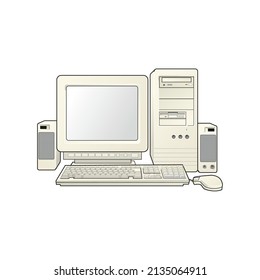 Alter Retro-Computer mit Monitor-CPU-Tastatur-Maus-Lautsprecher-Bewertung