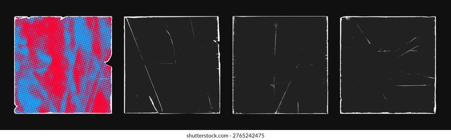 Old retro style paper fold texture black grunge punk overlay vector illustration set. Vintage dark cover dirty scratched folded paper sheet collection grain noise rough effect distress corner template