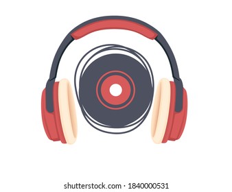 Old retro style professional headphone red color with white leather flat vector illustration