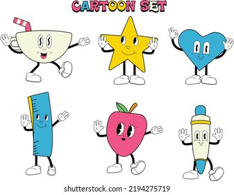 Old retro style vintage cartoon character illustration set for valentines day card and celebration. red heart romance, different poses and expressions on white background.