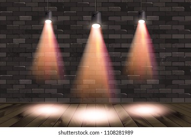Old retro three lamp on grunge brick wall with wooden shelves. Presentation backdrop. Vector illustration