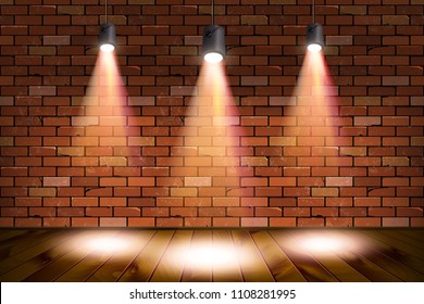 Old retro three lamp on grunge brick wall with wooden shelves. Presentation backdrop. Vector illustration