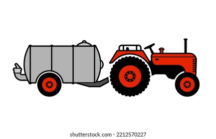 Old retro tractor with tank vector illustration view from side. Vintage agricultural vehicle with liquid manure tanker isolated on white background.