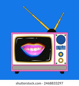 Old retro TV with noise. A bright vector illustration of a TV with a cut out smiling female mouth with a halftone effect on the screen in the style of the 90s-2000s.