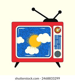 Old retro TV with noise. A bright vector illustration of a TV with a naive childish picture of the sun and clouds on the screen in the style of the 90s-2000s.