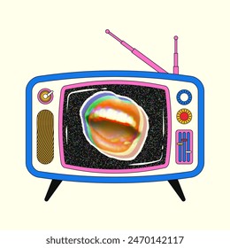 Old retro TV with noise. A bright vector illustration of a TV with a cut out smiling female mouth with a halftone effect on the screen in the style of the 90s-2000s.