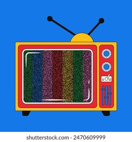 Old retro TV with noise. Bright vector illustration of a TV with striped noise in the style of the 90s-2000s.