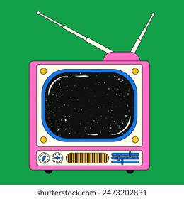 Vieja TV retro con ruido. Una Ilustración vectorial luminosa de un televisor con el efecto de los rayones y el Pequeño ruido en la pantalla en el estilo de los años 90-2000.