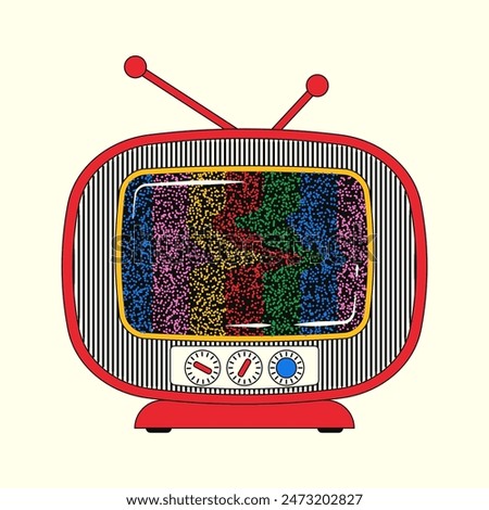 Old retro TV with noise. Bright vector illustration of a TV with striped noise in the style of the 90s-2000s.