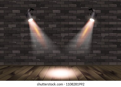 Old retro two lamp on grunge brick wall with wooden shelves. Presentation backdrop. Vector illustration