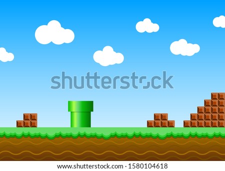 Old retro video game background. Classic retro style game design scenery. Vector