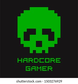 Old retro video game illustration. T-shirt print with pixel skull and font. Additional layer with scratched texture. Space alien with text - Hardcore gamer. Vector illustration