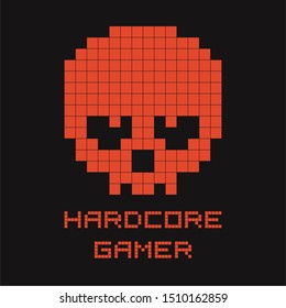 Old retro video game illustration. Teen tee, t-shirt print with pixel skull and font. Space alien with text - Hardcore gamer. Vector illustration