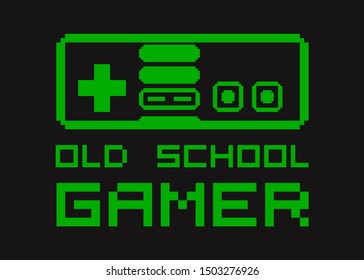 Old retro video gamer tee, t shirt template for print. Retro console controller. Old school gamer quote. Vector illustration