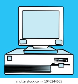Old retro vintage antique hipster obsolete stationary personal computer with a system unit and a flop from below on a blue background. Vector illustration