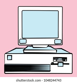 Old retro vintage antique hipster obsolete stationary personal computer with a system unit and a flop bottom on a pink background. Vector illustration