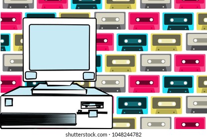 Old retro vintage antique hipster obsolete stationary personal computer with a system unit and a flop from below on a background of multicolored music audio cassettes. Vector illustration