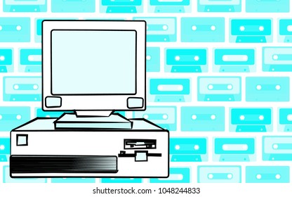 Old retro vintage antique hipster obsolete stationary personal computer with a system unit and a flop from below on a background of blue music audio cassettes. Vector illustration