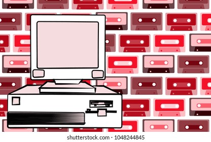 Old retro vintage antique hipster obsolete stationary personal computer with a system unit and a flop from below on a background of blue music audio cassettes. Vector illustration