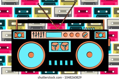 Old retro vintage antique hipster obsolete cassette music audio tape recorder on a background of multi-colored music audio cassettes. Vector illustration.