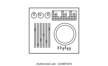 Old Retro Vintage Audio Music Equipment Vinyl Dj Board With Sliders And Cranks And Buttons From The 70s, 80s, 90s. Black And White Icon. Vector Illustration