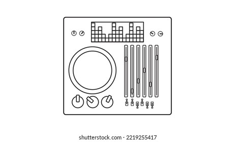 Old retro vintage audio music equipment vinyl dj board with sliders and cranks and buttons from the 70s, 80s, 90s. Black and white icon. Vector illustration