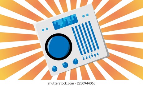 Old retro vintage audio music equipment vinyl dj board with sliders and cranks and buttons from the 70s, 80s, 90s against the background of the orange rays of the sun. Vector illustration