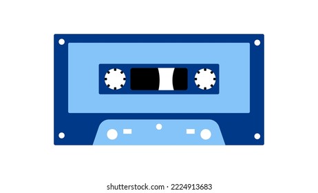 Old retro vintage blue music audio cassette for audio tape recorder with magnetic tape from 70s, 80s, 90s. Beautiful icon. Vector illustration