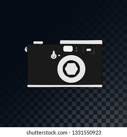 An old retro vintage film camera from the 70s, 80s, 90s on a translucent, dark, checkered gray square background. Vector illustration.