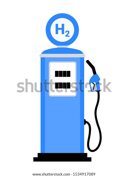 Old retro and vintage fuel station with fuel gun.\
Letter H as symbol of hydrogen fuel cells. Vector illustration\
isolated on white