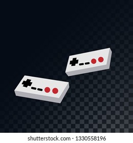 Old retro vintage gaming joysticks for video games from the 70s, 80s, 90s on a translucent, dark, checkered gray background of squares. Vector illustration.