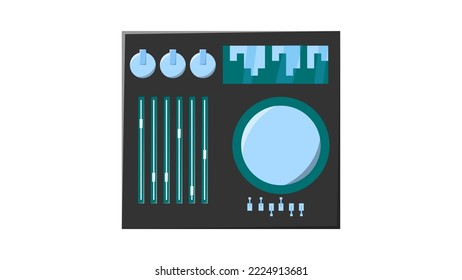 Old Retro Vintage Green Audio Music Equipment Vinyl Dj Board With Sliders And Cranks And Buttons From The 70s, 80s, 90s. Vector Illustration