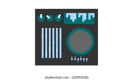 Old retro vintage green audio music equipment vinyl dj board with sliders and cranks and buttons from the 70s, 80s, 90s. Vector illustration