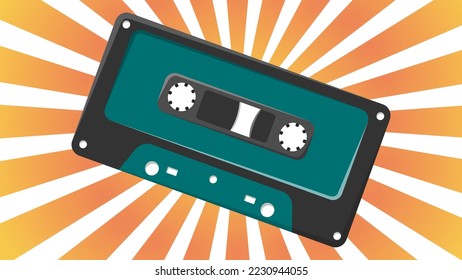 Old retro vintage green music audio cassette for audio tape recorder with magnetic tape from 70s, 80s, 90s against the background of the orange rays of the sun. Vector illustration