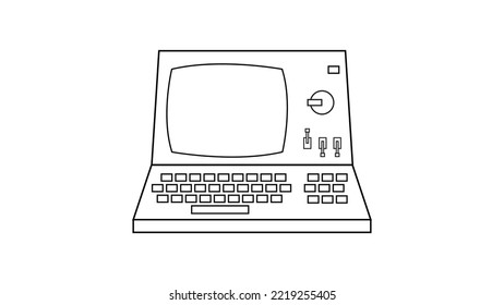 Vieja computadora de hipster retro vintage, computadora con monitor y teclado de los años 70, 80, 90. Icono blanco y negro. Ilustración del vector
