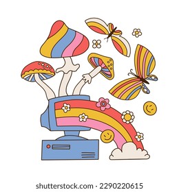 Old retro vintage hipster computer, pc with monitor from 70s, 80s, 90s with mushrooms, rainbow, flowers and butterflies. Hand drawn isolated Vector illustration. Hippie psychedelic sticker concept,