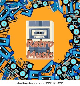 Old retro vintage hipster poster with voice recorder with music audio tape cassette for voice recording from 70s, 80s, 90s against the background. Vector illustration
