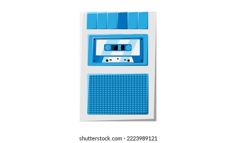 Old retro vintage hipster voice recorder with music audio tape cassette for voice recording from 70s, 80s, 90s. Beautiful blue icon. Vector illustration