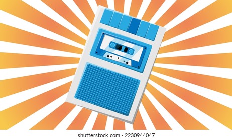 Old retro vintage hipster voice recorder with music audio tape cassette for voice recording from 70s, 80s, 90s against the background of the orange rays of the sun. Vector illustration