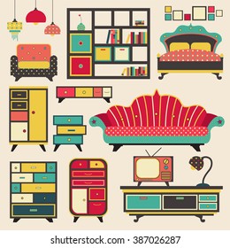 Old retro vintage house appliance furniture and interior decoration flat icon design, create by vector
