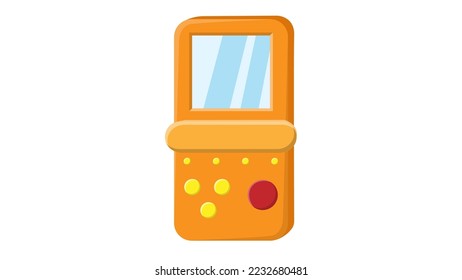 Old retro vintage isometry handheld game console with screen and buttons, tetris from 70s, 80s, 90s. Yellow icon. Vector illustration