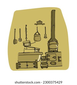 Old retro vintage kitchen scene with wood oven, fireplace, utensils, old sink and pots. Cartoon style vector illustration.