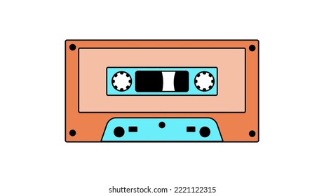 Old retro vintage music audio cassette for audio tape recorder with magnetic tape from 70s, 80s, 90s. Beautiful orange icon. Vector illustration