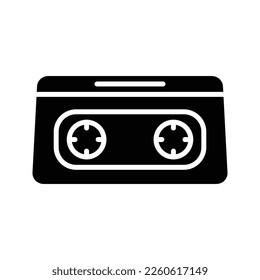 Old retro vintage music audio cassette for aecorder with magnetic tape from 70s, 80s, 90udio tape rs. Black and white icon. Vector illustration. Isolated on a white background