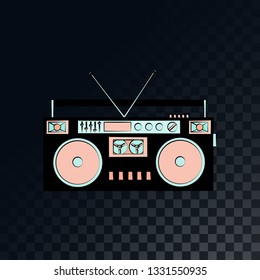 Old retro vintage music cassette tape recorder, boombox from the 70s, 80s, 90s on a translucent dark squared gray background from squares. Vector illustration.